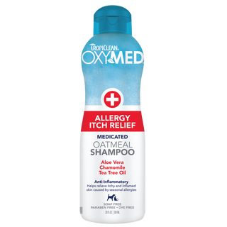 TropiClean OXYMED Allergy Itch Relief Pet Shampoo, front of bottle