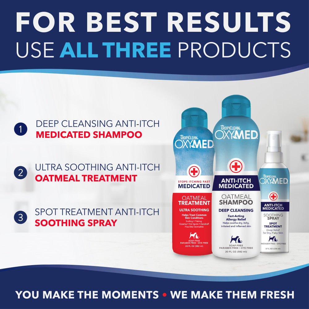 OxyMed shampoo and treatment products with text on a blue and white background