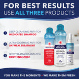 OxyMed shampoo and treatment products with text on a blue and white background