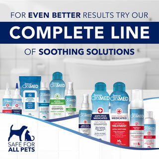 Oxymed pet care products with text promoting a complete line of soothing solutions.