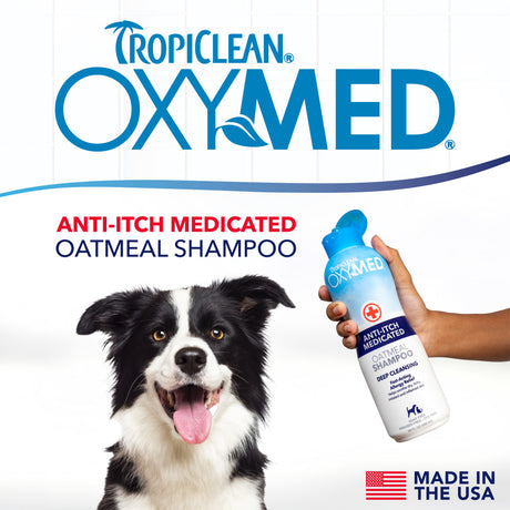 Tropiclean OxyMed oatmeal treatment for dogs with a dog and Anti Itch Treatment shampoo for Pets.