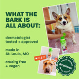 Light green background, corgi and brown dog, "What the bark is all about".