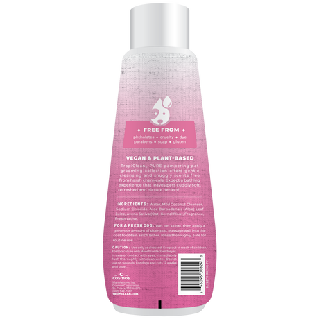 TropiClean PURE Raindrop Kisses Tearless Plant-Based Puppy Shampoo, back of bottle