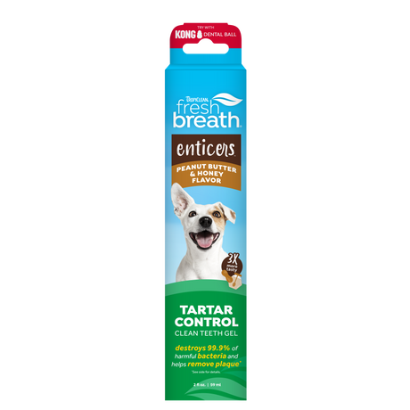 Fresh Breath Enticers Peanut Butter & Honey Tartar Control Dog Toothpaste by TropiClean, front of 2oz package.