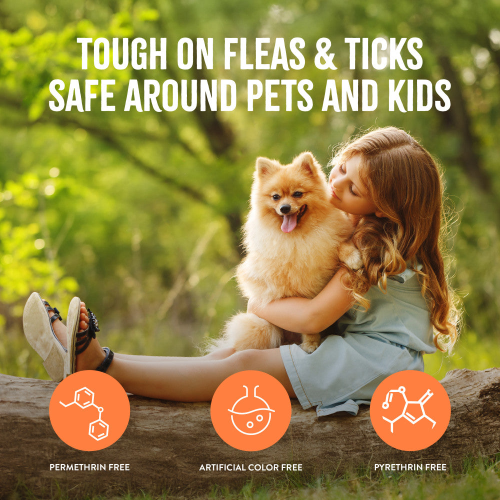 Child holding a small dog outdoors with text about product safety, and icons indicating permethrin-free, artificial color-free, and pyrethrin-free.