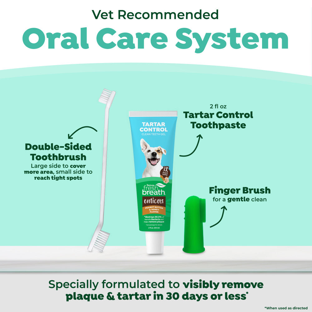TropiClean Fresh Breath Peanut Butter Oral Care Kit for Dogs & Cats with toothpaste, toothbrush, and finger brush