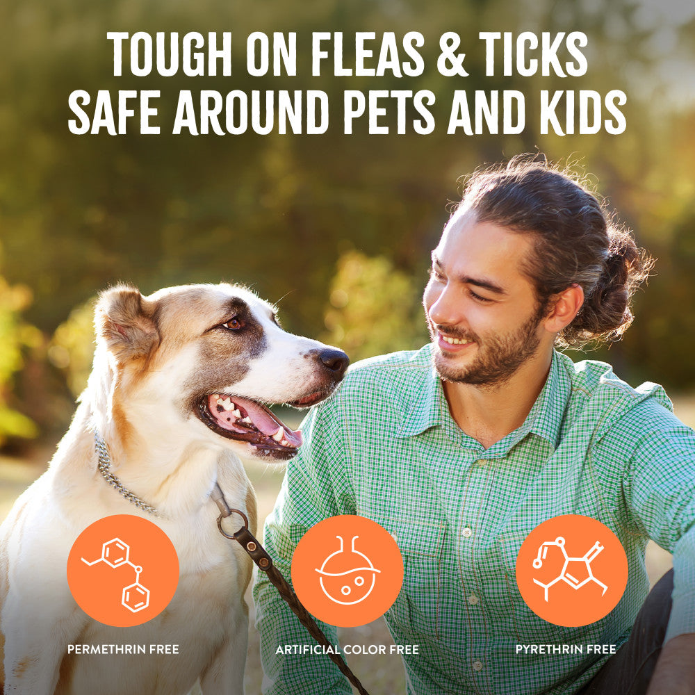 Woman holding a dog in a field with text about product safety for pets and kids.