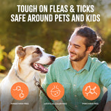 Woman holding a dog in a field with text about product safety for pets and kids.