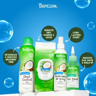 TropiClean pet care product lineup on a blue background with product features highlighted.