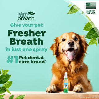 Dog with TropiClean Fresh Breath Oral Care Spray for Pets, featuring the brand 'TropiClean Fresh Breath'.