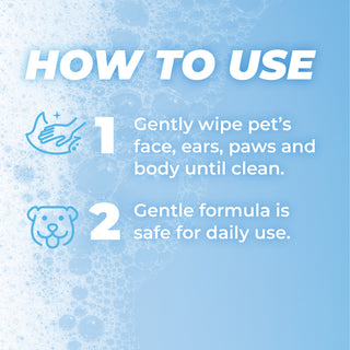 Instructions on how to use TropiClean PURE All Purpose Plant Based Wipes for Dogs & Cats with icons and text on a blue background.