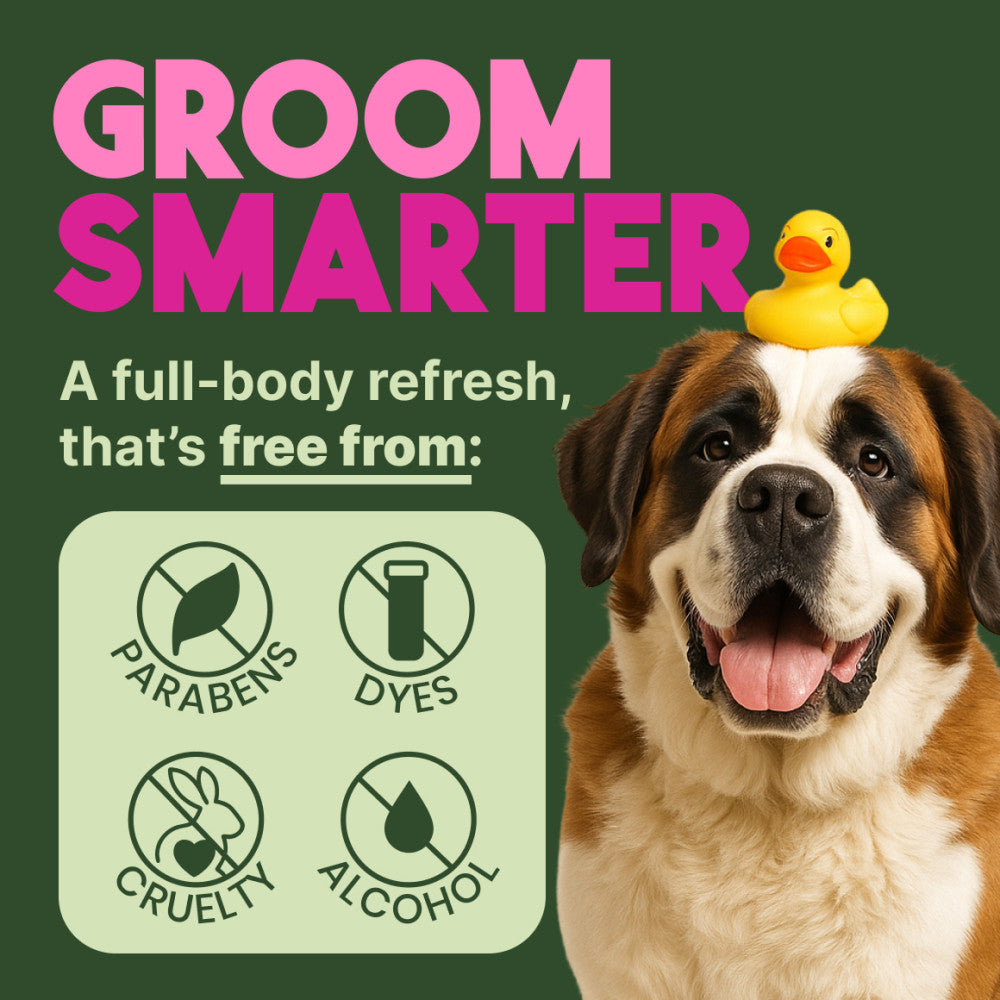 TropiClean Berry & Coconut Deep Cleaning Pet Wipes. Dog with a rubber duck on its head and 'Groom Smarter' text