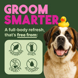 TropiClean Berry & Coconut Deep Cleaning Pet Wipes. Dog with a rubber duck on its head and 'Groom Smarter' text