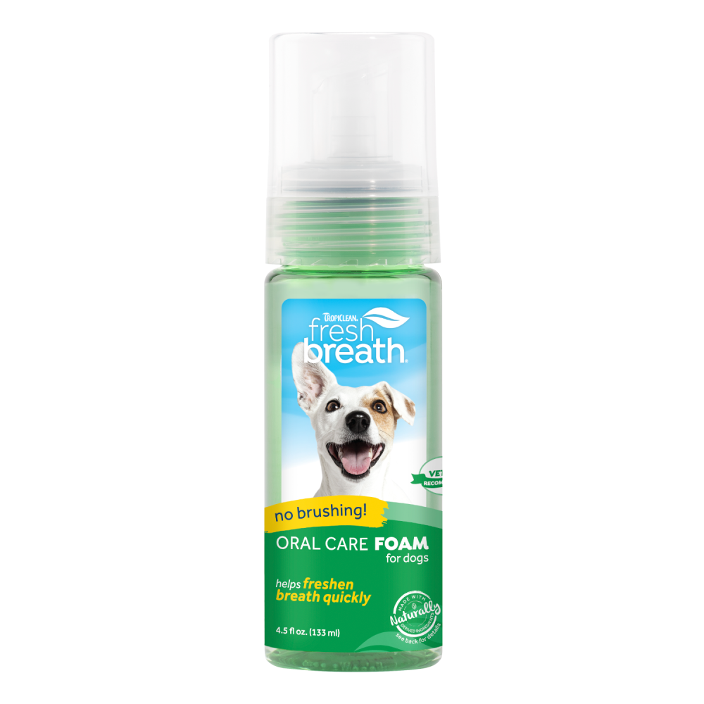 TropiClean Fresh Breath Mint Foam for Dogs, front image of bottle