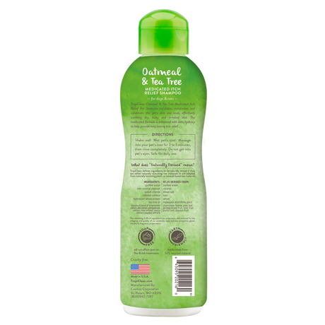 TropiClean Oatmeal & Tea Tree Medicated Itch Relief Shampoo for Pets, back of bottle