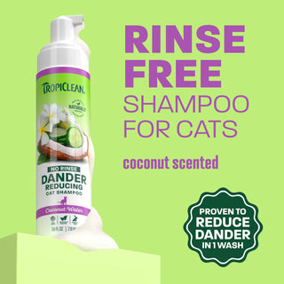 TropiClean waterless cat dander shampoo bottle on light green background.