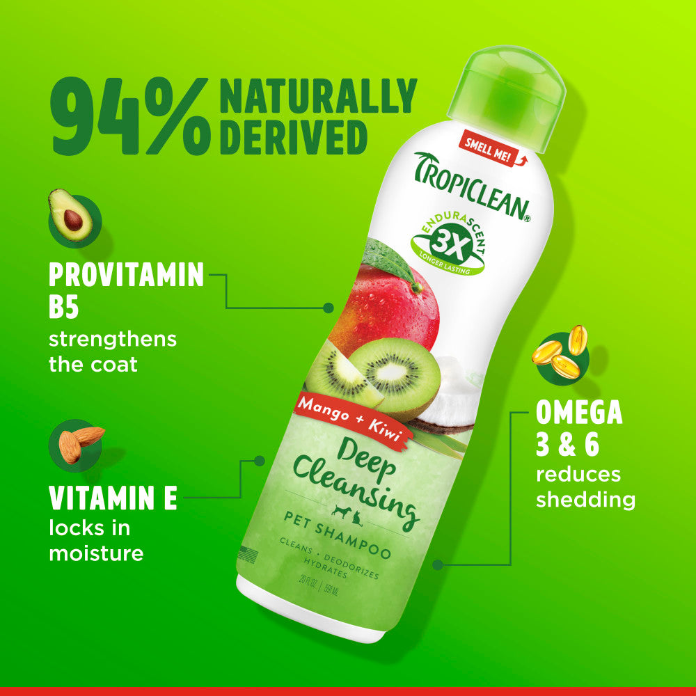 TropiClean EnduraScent™ Mango Kiwi Pet Shampoo bottle with ingredients on a green background
