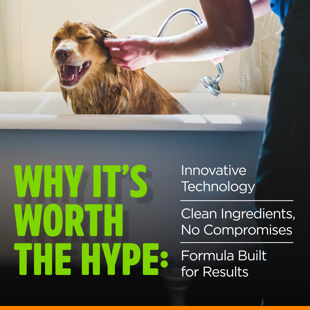Dog being bathed in a bathtub with text about TropiClean's pet innovative technology and clean ingredients.