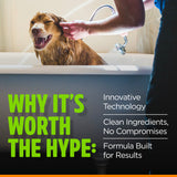 Dog being bathed in a bathtub with text about TropiClean's pet innovative technology and clean ingredients.