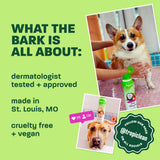 Light green background, corgi and brown dog, "What the bark is all about".