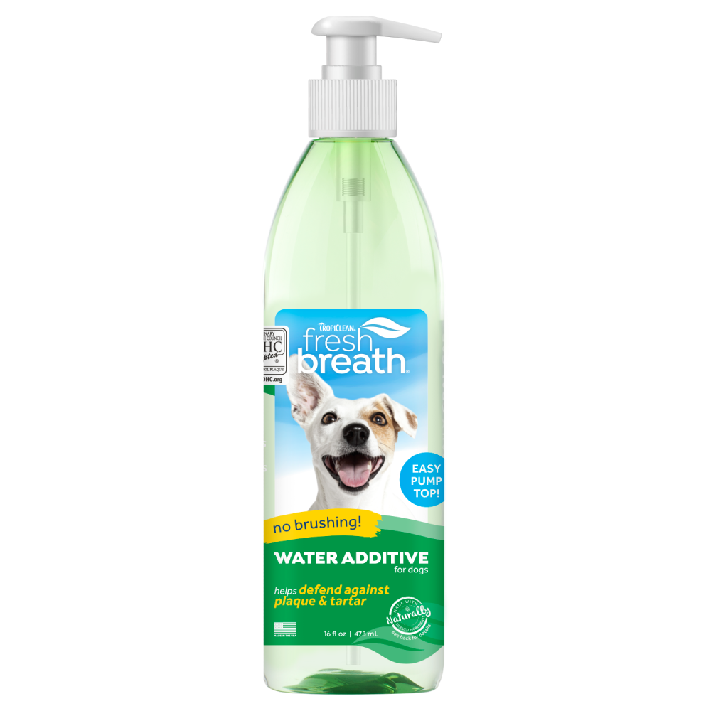 TropiClean Fresh Breath Oral Care Water Additive for Pets, front image of 16oz spray bottle