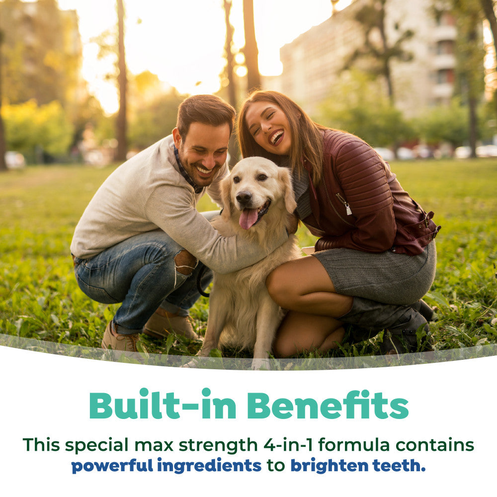 TropiClean Fresh Breath Max Strength Dental Water Additive for Dogs. Couple with a dog in a park, promotional text about dental formula benefits.
