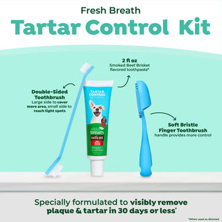 Fresh Breath Enticers Smoked Beef Brisket Oral Care Kit. Dog tartar control kit with toothbrushes and toothpaste on a light green background