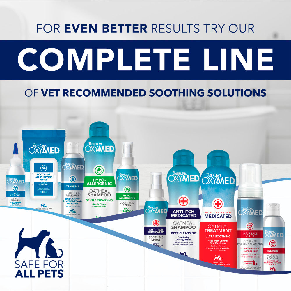 OxyMed pet care products with text promoting a complete line of vet-recommended soothing solutions.
