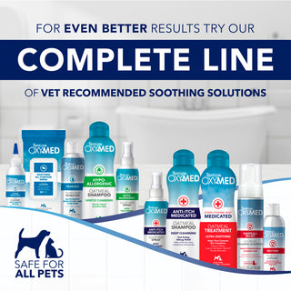 OxyMed pet care products with text promoting a complete line of vet-recommended soothing solutions.