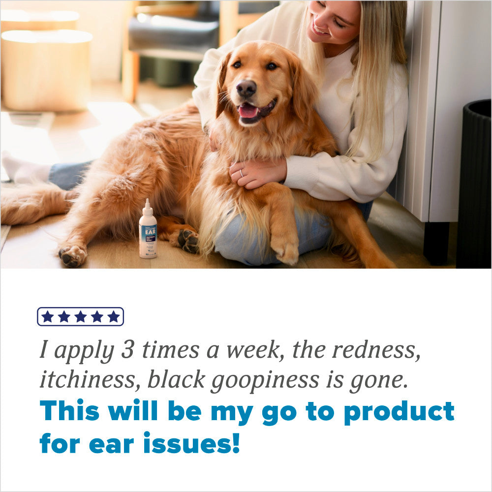 Woman holding a golden retriever with a TropiClean HomeVet Enzymatic Ear Wash for Cats & Dogs, text about product effectiveness.