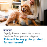 Woman holding a golden retriever with a TropiClean HomeVet Enzymatic Ear Wash for Cats & Dogs, text about product effectiveness.