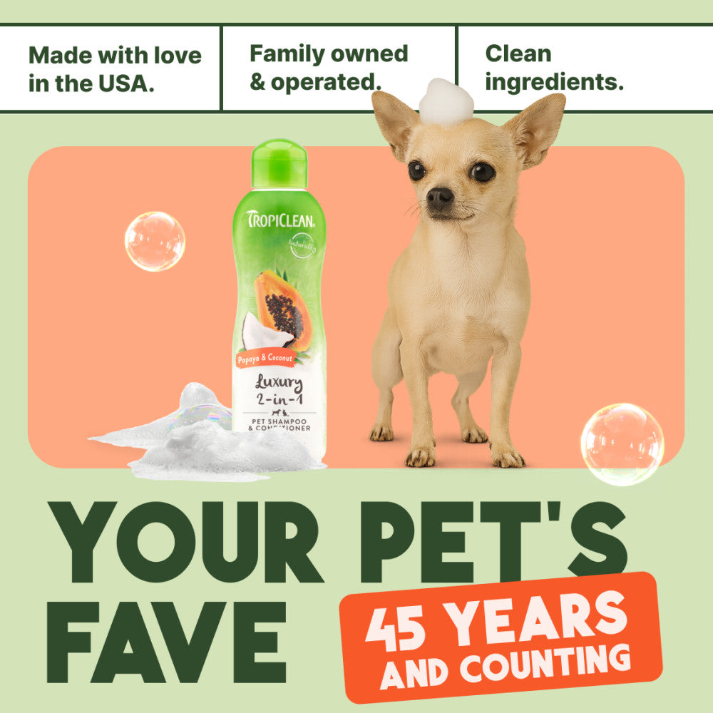 TropiClean pet shampoo bottle with a dog and promotional text on a green background