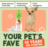 TropiClean pet shampoo bottle with a dog and promotional text on a green background