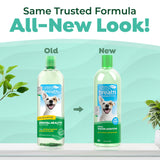 Comparison of old and new bottles of TropiClean Fresh Breath Oral Care Water Additive for Pets with a green background.