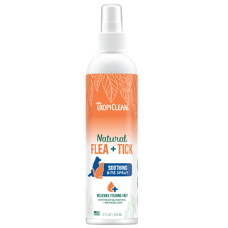 TropiClean Natural Flea + Tick Bite Relief Spray for Pets, front image of bottle