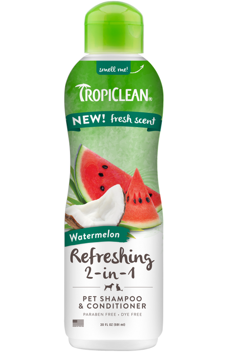 TropiClean Watermelon Refreshing 2-in-1 Pet Shampoo & Conditioner, front of bottle