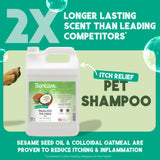 TropiClean Oatmeal & Tea Tree Medicated Itch Relief Shampoo for Pets container with promotional text on a green background