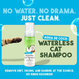 Tropiclean Aqua de Coco waterless cat shampoo bottle with promotional text on a blue background