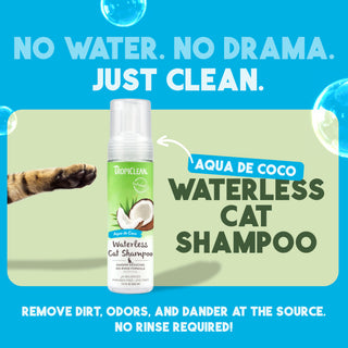 Tropiclean Aqua de Coco waterless cat shampoo bottle with promotional text on a blue background
