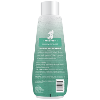 TropiClean PURE Cuddly Clean Odor Control Plant Based Dog Shampoo, back of 22oz bottle
