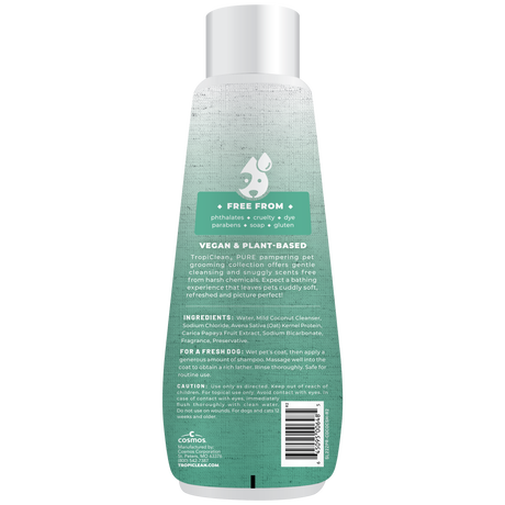 TropiClean PURE Cuddly Clean Odor Control Plant Based Dog Shampoo, back of 22oz bottle