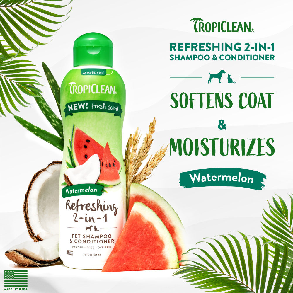 TropiClean Watermelon Refreshing 2-in-1 Pet Shampoo & Conditioner, image with watermelon and coconut with alow and palm leaves