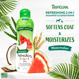 TropiClean Watermelon Refreshing 2-in-1 Pet Shampoo & Conditioner, image with watermelon and coconut with alow and palm leaves