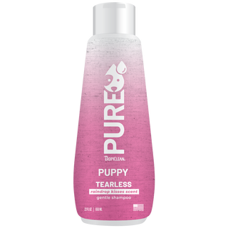TropiClean PURE Raindrop Kisses Tearless Plant-Based Puppy Shampoo, front of 22oz bottle