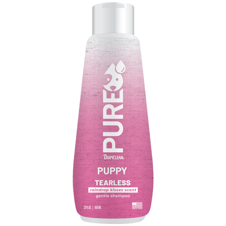 TropiClean PURE Raindrop Kisses Tearless Plant-Based Puppy Shampoo, front of 22oz bottle
