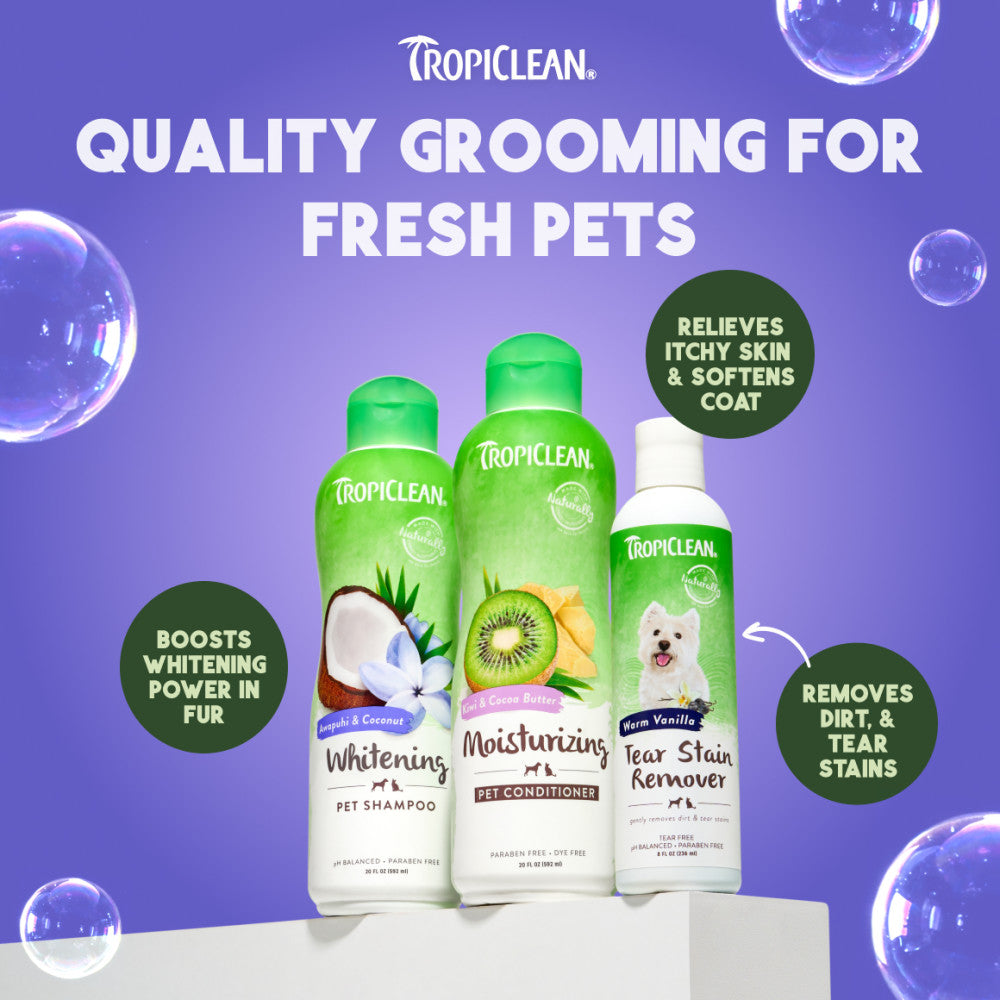 TropiClean Awapuhi & Coconut Whitening Shampoo for Pets line of care products with text