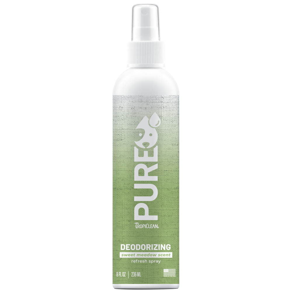TropiClean PURE Sweet Meadow Deodorizing Spray for Dogs and Cats, front view of 8oz spray bottle