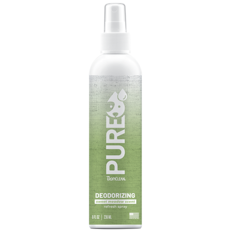 TropiClean PURE Sweet Meadow Deodorizing Spray for Dogs and Cats, front view of 8oz spray bottle