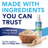 TropiClean OxyMed Hypoallergenic Anti Itch Spray for Dogs and Cats bottle with a bowl of oats and text about allergy relief and skin care.