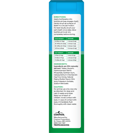 TropiClean Fresh Breath Peanut Butter Oral Care Kit for Dogs & Cats, back of package